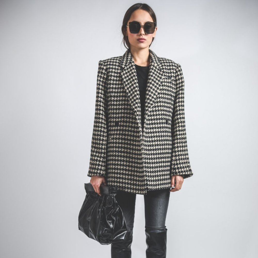 ANINE BING Kaia Houndstooth Double-Breasted Black Blazer  S Small